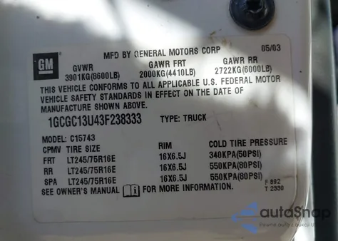 2003 Chevrolet Silverado 1500Hd Ls из США, поврежденный, VIN 1GCGC13U43F238333